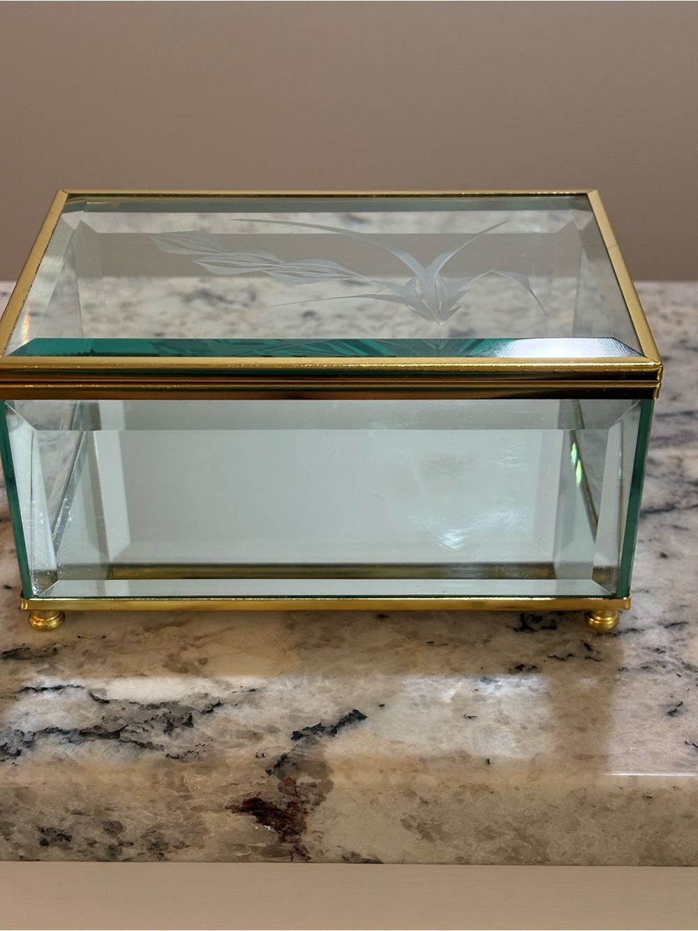 Vintage Etched Glass Trinket Jewelry Box Glass Bottom Beveled Edge Gold Trim